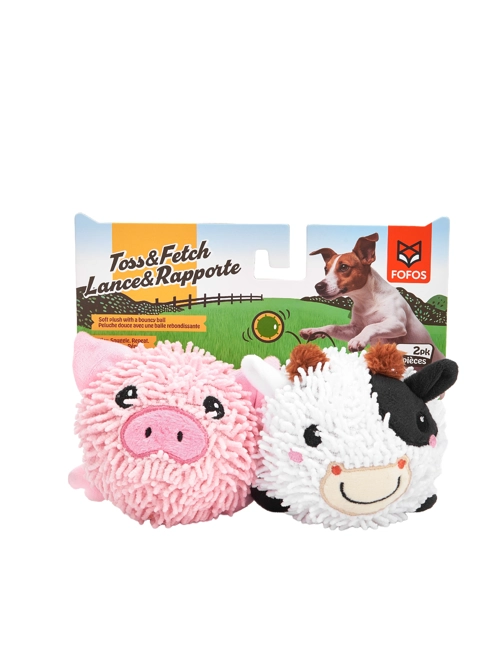FOFOS Juguetes Peluche Toss & Fetch para Perros (2 uds) – Cerdo & Vaca con Pelota 